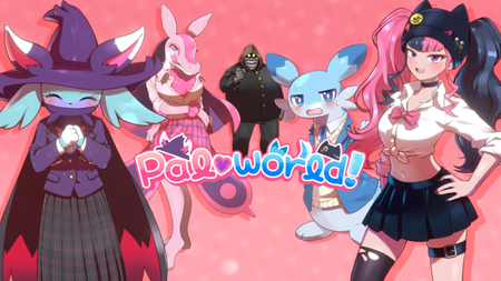 A screenshot from the Palworld April Fools dating sim trailer, showing a few Pals and humans dressed in school uniforms. 