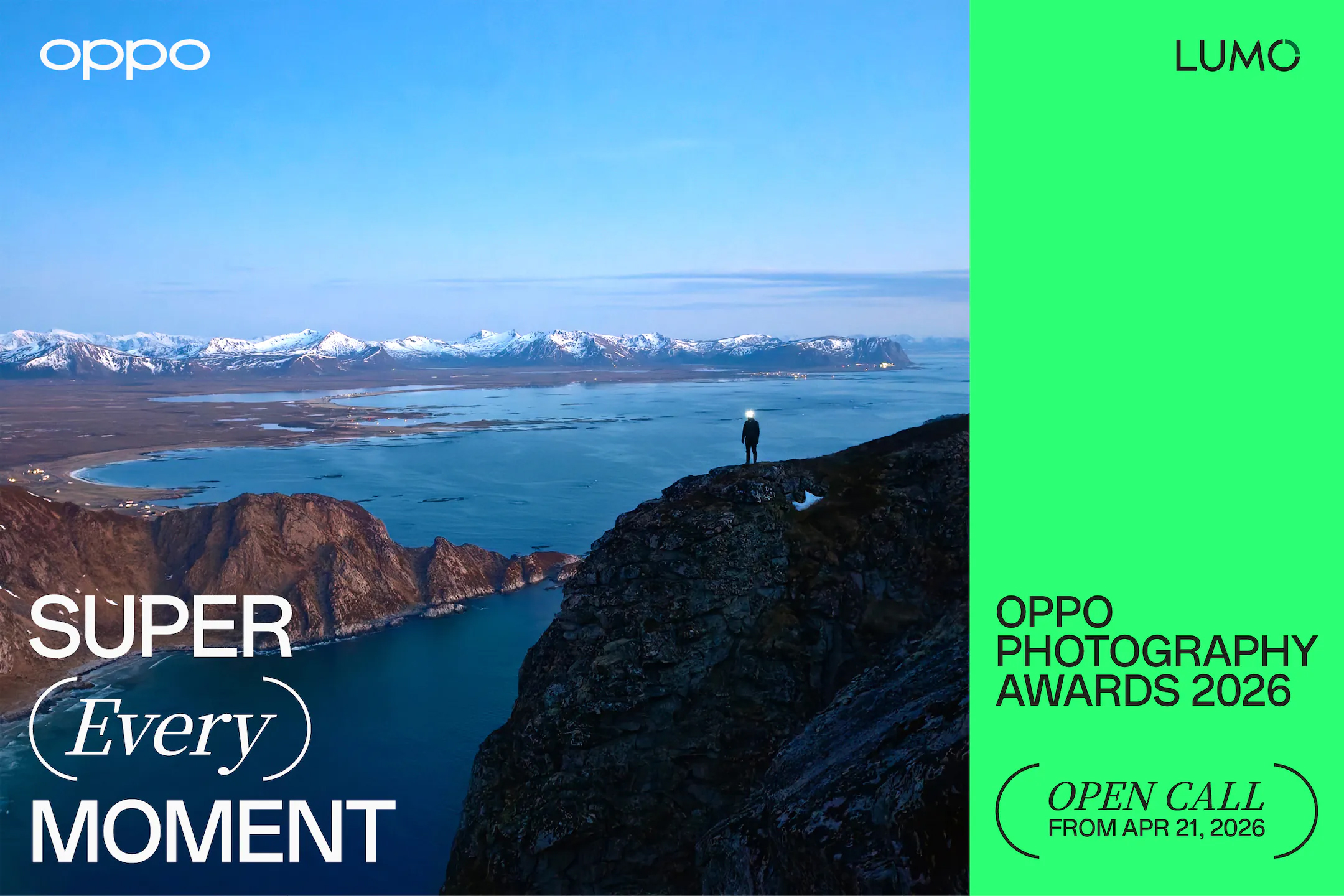 OPPO Photography Awards 2026 poster &amp;ndash; showing a seascape with a person standing on a nearby landscape, with "Super (every) moment" slogan
