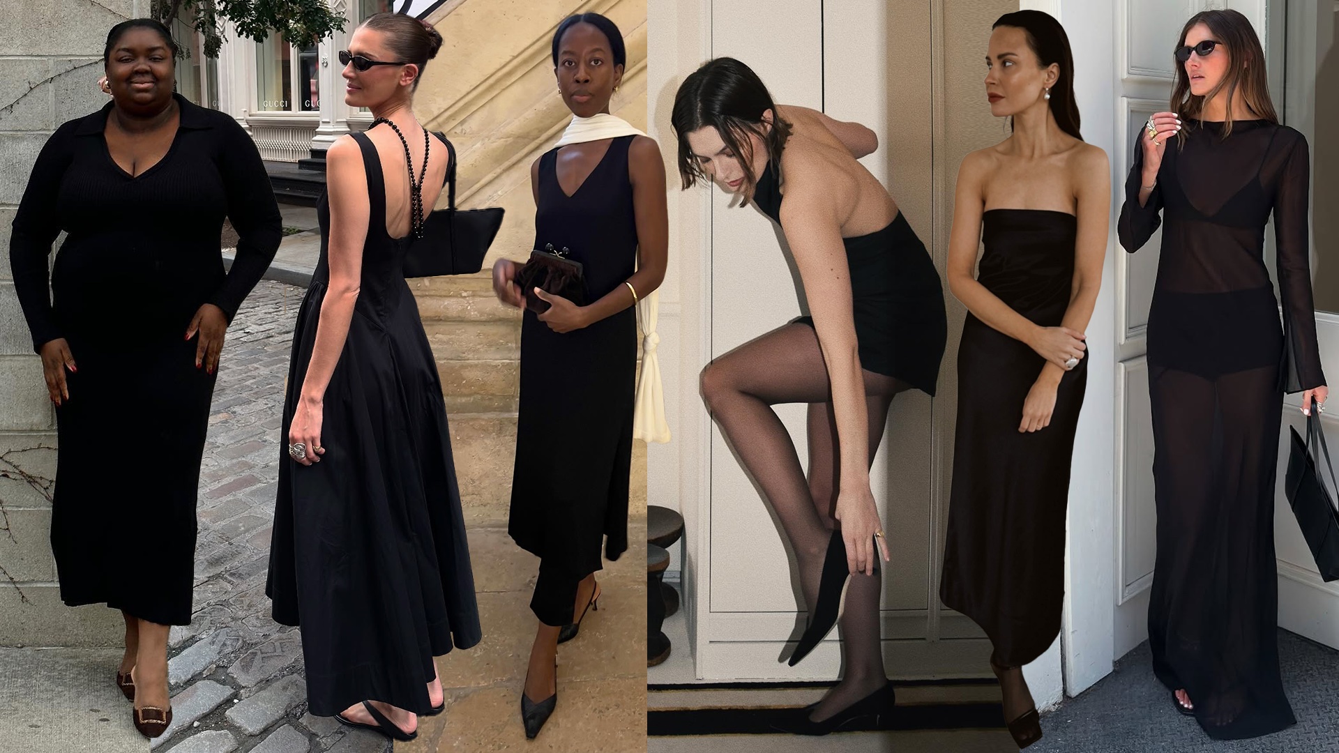 fashion collage featuring style influencers wearing chic black dress outfits for 2026