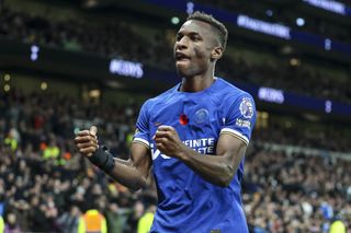 Nicolas Jackson celebrates after scoring for Chelsea against Tottenham in the Premier League in November 2023.