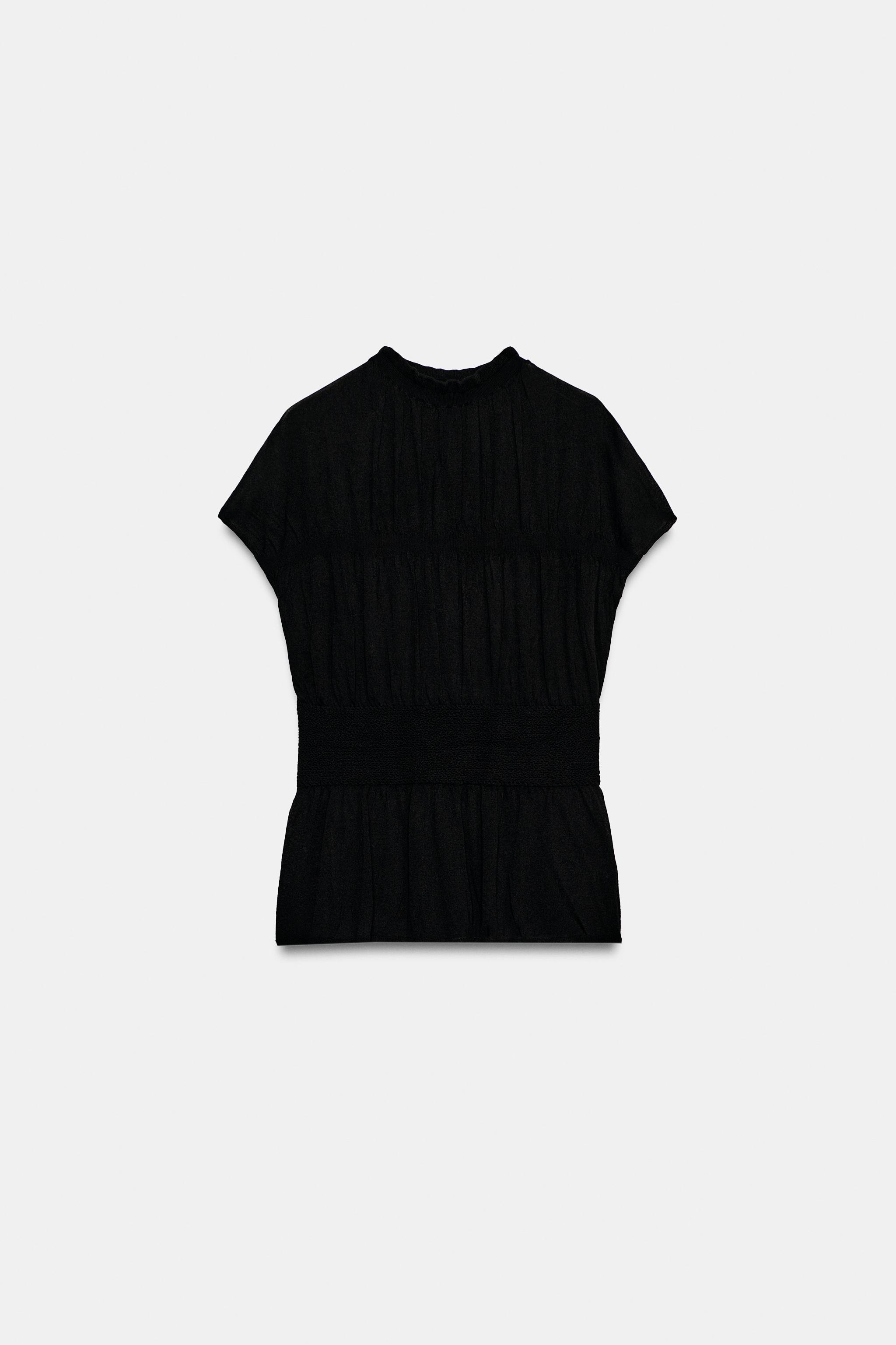 Smocked Knit Top - Black - S