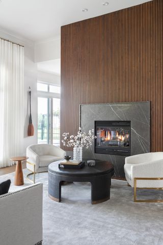 a slatted wall fireplace in a modern home