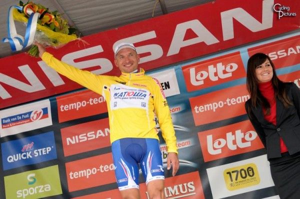 Okay, so yellow is the new yellow too. Race leader Serguei Ivanov (Team Katusha) in the leader's jersey.