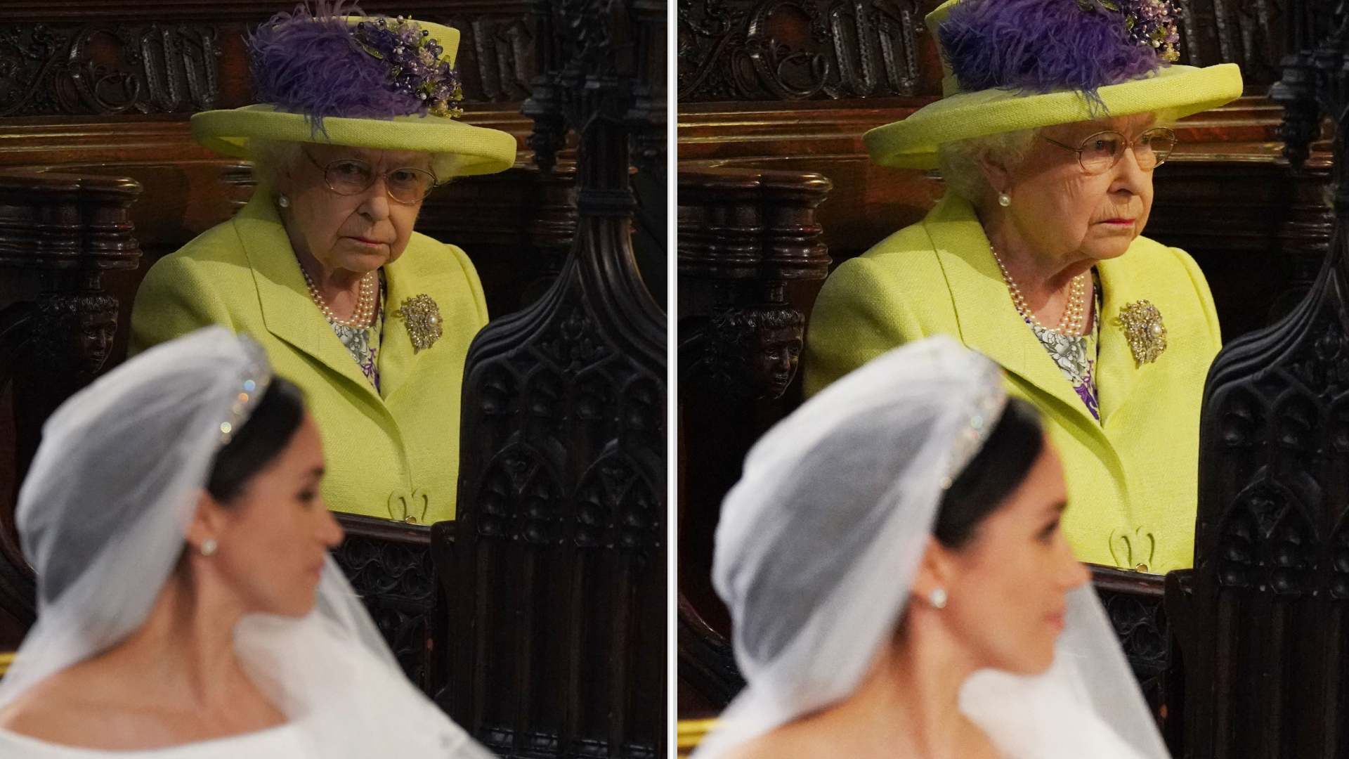Queen Elizabeth wears a lime green outfit and looks at Meghan Markle who is wearing a veil and white wedding dress at her nuptials to Prince Harry on May 19, 2018