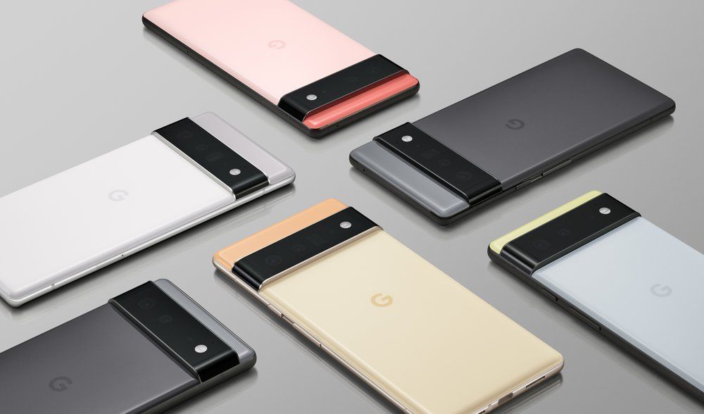 Six Pixel 6 smartphones on grey background