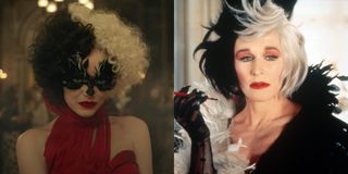 Emma Stone in Cruella and Glenn Close in 101 Dalmatians side by side