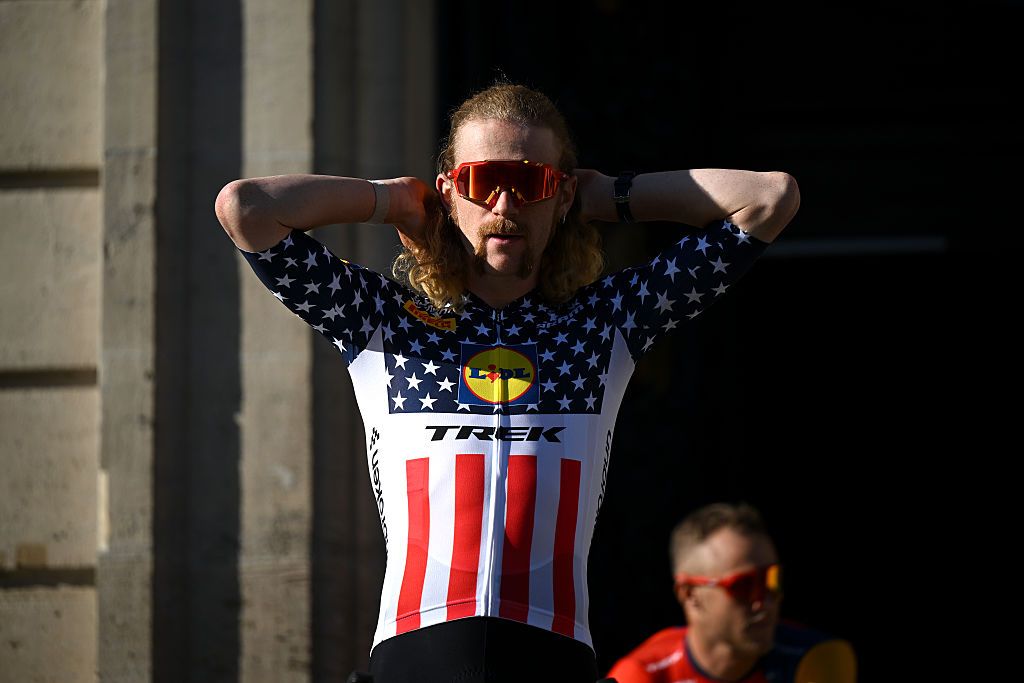 LILLE, FRANCE - JULY 03: Quinn Simmons of United States and Team Lidl - Trek during the team presentation prior to the 112th Tour de France 2025 / #UCIWT / on July 03, 2025 in Lille, France. (Photo by Dario Belingheri/Getty Images)