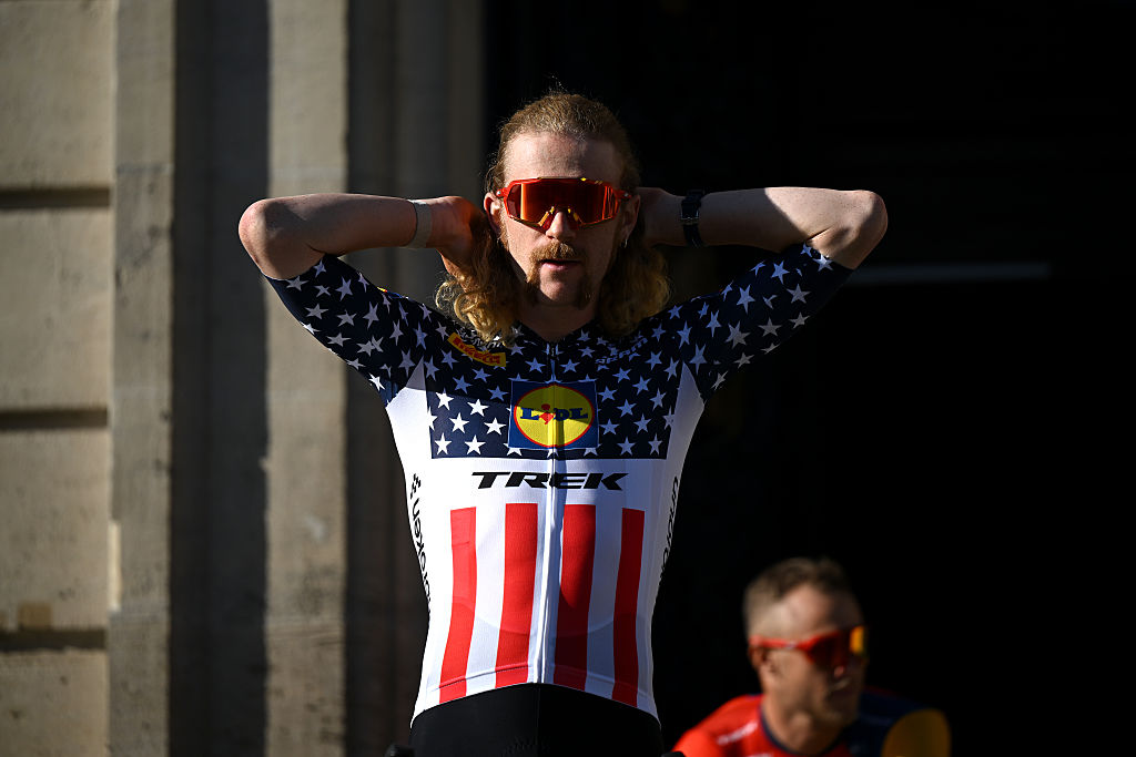 LILLE, FRANCE - JULY 03: Quinn Simmons of United States and Team Lidl - Trek during the team presentation prior to the 112th Tour de France 2025 / #UCIWT / on July 03, 2025 in Lille, France. (Photo by Dario Belingheri/Getty Images)
