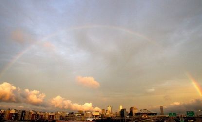 A rainbow stretches over New Orleans during the 5th Anniversary of Hurricane Katrina on August 29, 2010. 