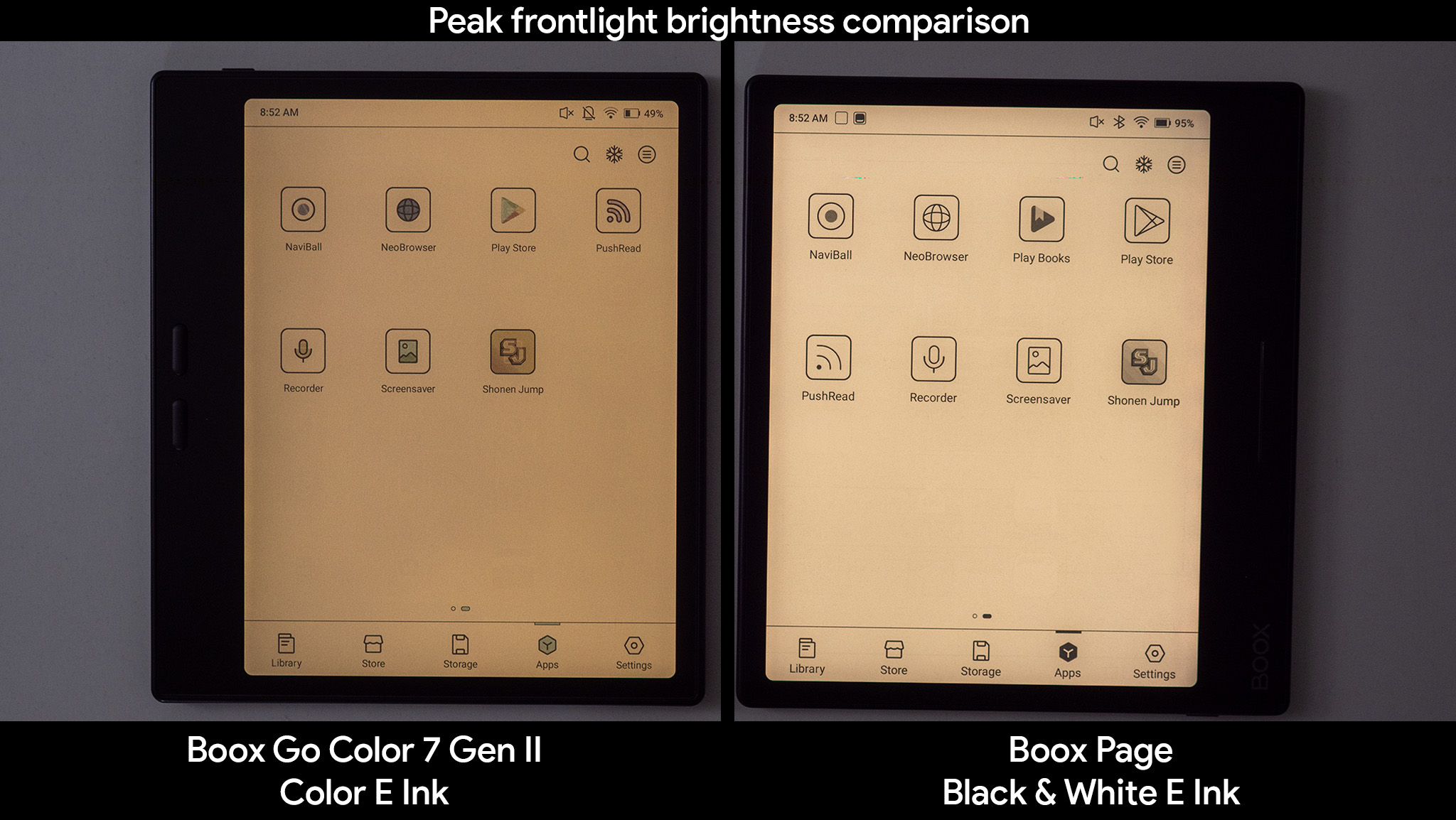 Comparing the peak frontlight brightness between the Onyx Boox Page and Onyx Boox Go Color 7 Gen II