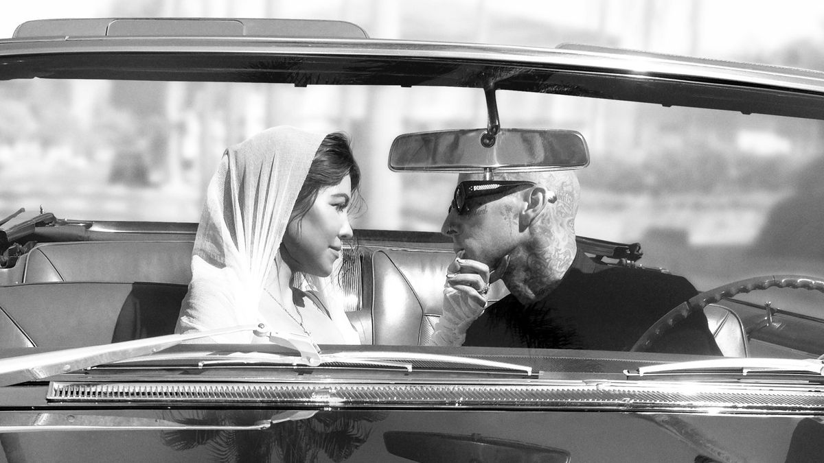 Kourtney Kardashian and Travis Barker in black and white key art for &#039;Til Death Do Us Part Kourtney &amp; Travis