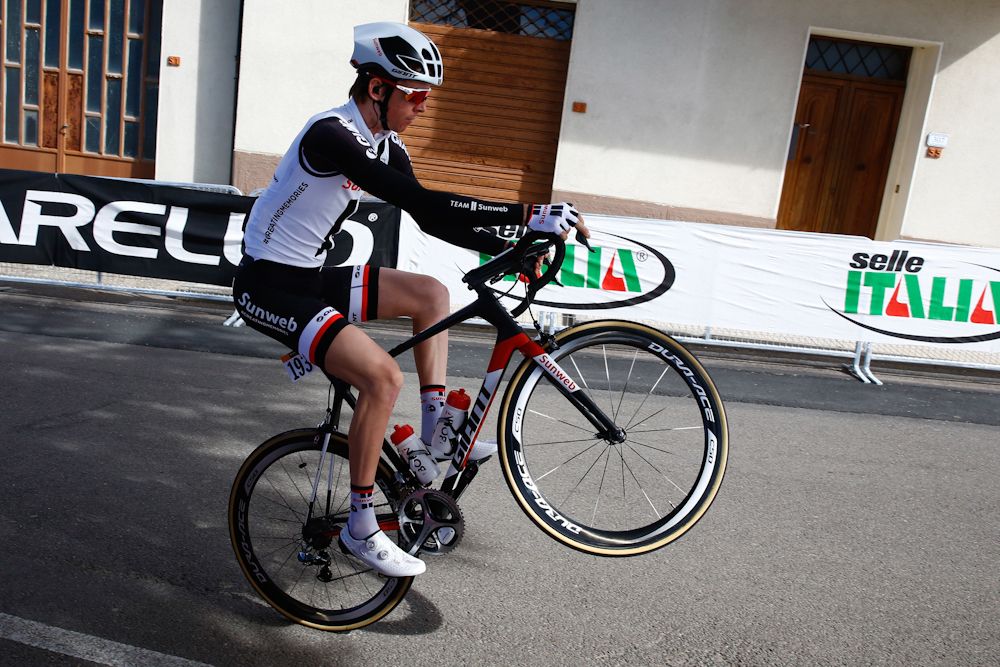 Team Sunweb's Chad Haga does his best Peter Sagan imitation