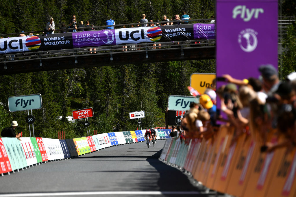 NOREFJELL NORWAY AUGUST 13 Cecilie Uttrup Ludwig of Denmark and Team FDJ Nouvelle Aquitaine Futuroscope and Liane Lippert of Germany and Team DSM sprint at finish line during the 8th Tour of Scandinavia 2022 Battle Of The North Stage 5 a 1274km stage from Vikersund to Norefjell 791m UCIWWT tourofscandinavia TOSC22 on August 13 2022 in Norefjell Norway Photo by Luc ClaessenGetty Images