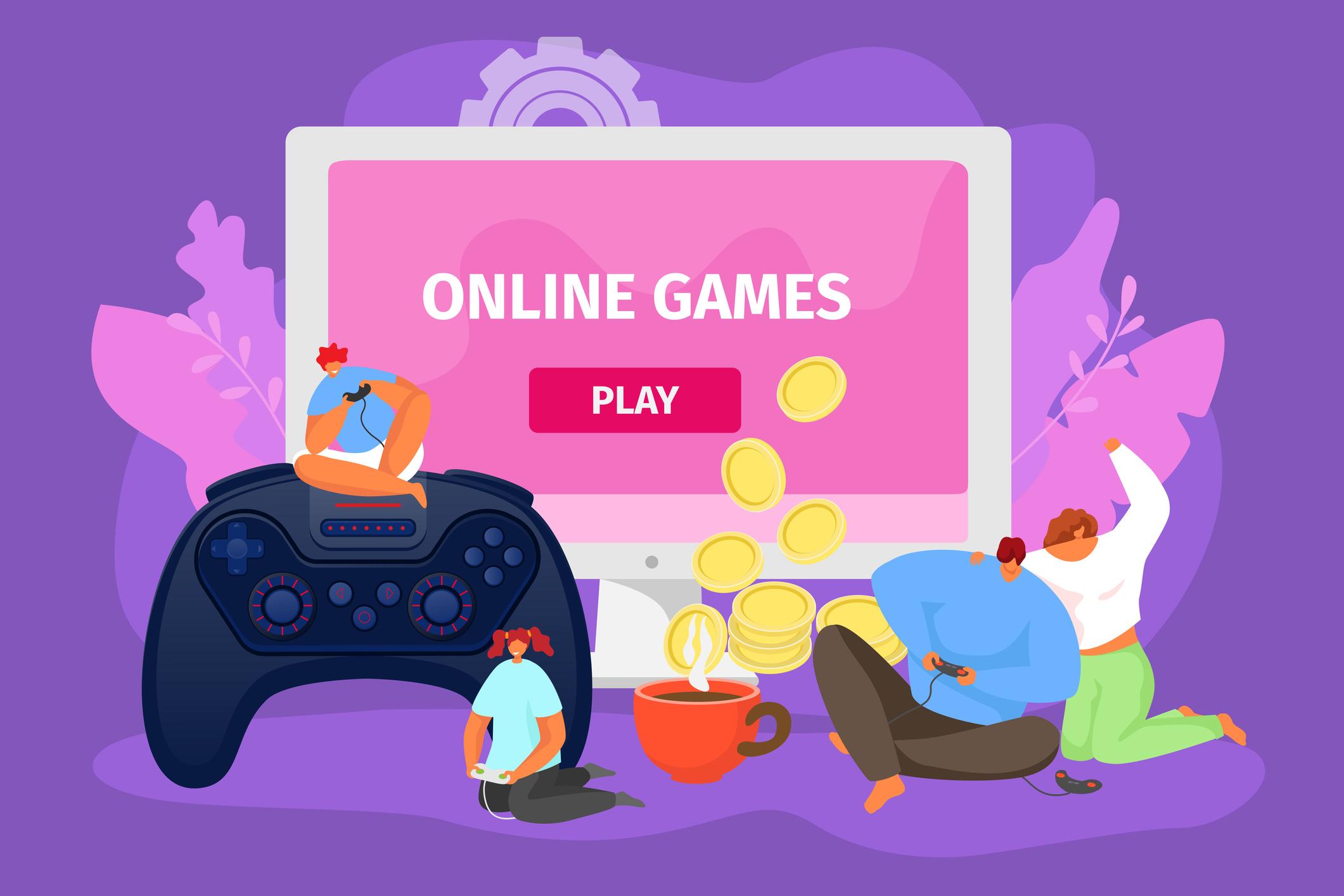  Online games concept, vector illustration. Play at flat computer and console, creative background design. People family character in internet online technology, abstract digital gaming with joystick. 