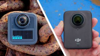 GoPro Max 2 camera sitting on rusty chains, alongside DJI Osmo 360 stood on a blue-painted wall