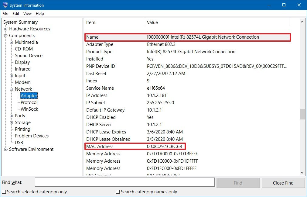 System Information MAC address information