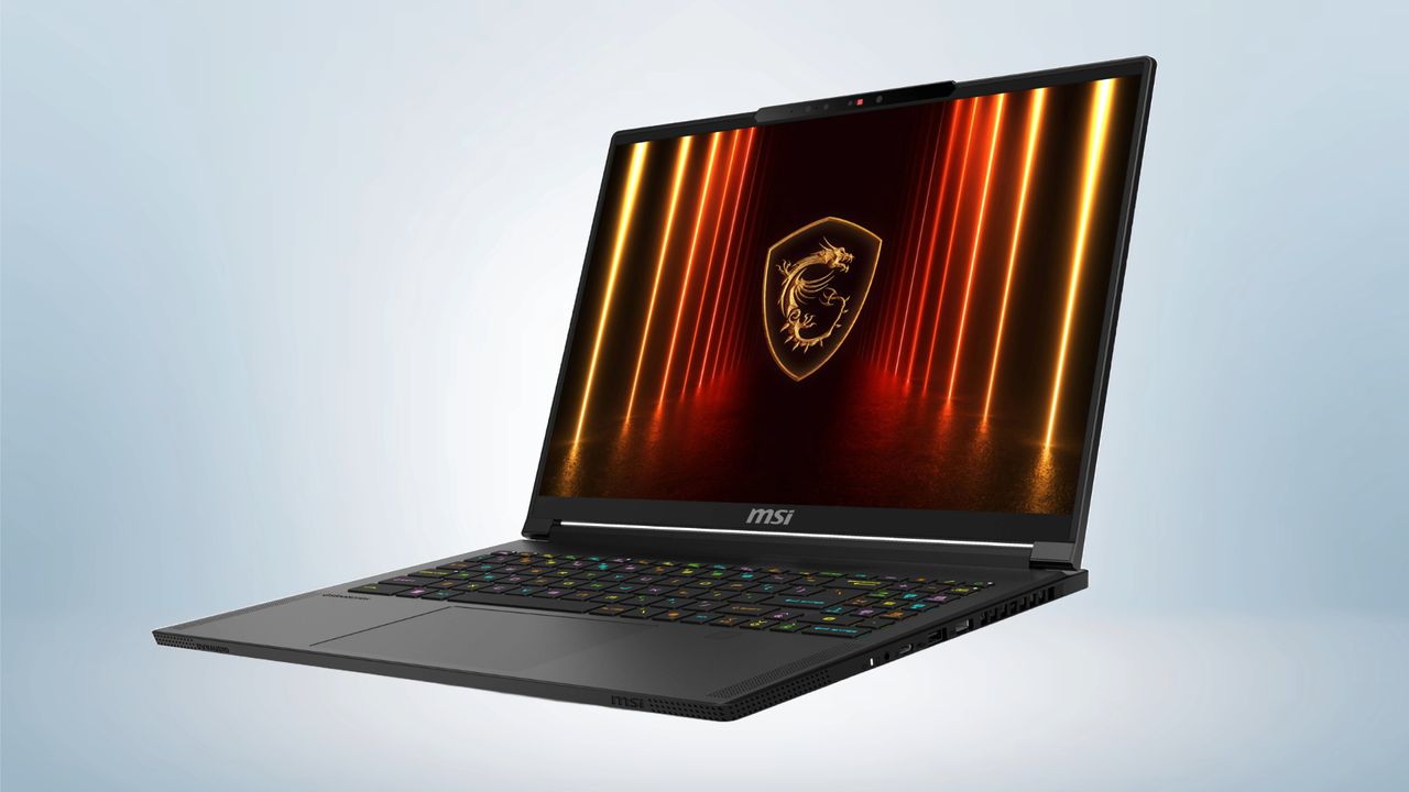 The MSI Stealth A16 AI+ gaming laptop in front of a gray background