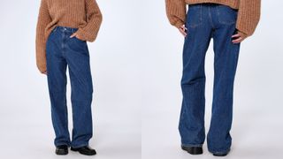 composite of model wearing dark blue straight leg jeans from aligne