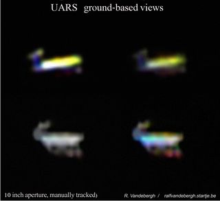 Astrophotographer Ralf Vandebergh captured the UARS spacecraft tumbling through space, and noted: "Through the clouds I was able to grab just enough frames for an image of UARS on Sept 17, in the week before the expected reentry. Note the striking yellow (golden) color of the elongated main body and some smaller detail with different colors. Due to the shift, (maximum 62 degrees altitude), the distance was still over 270 km."
