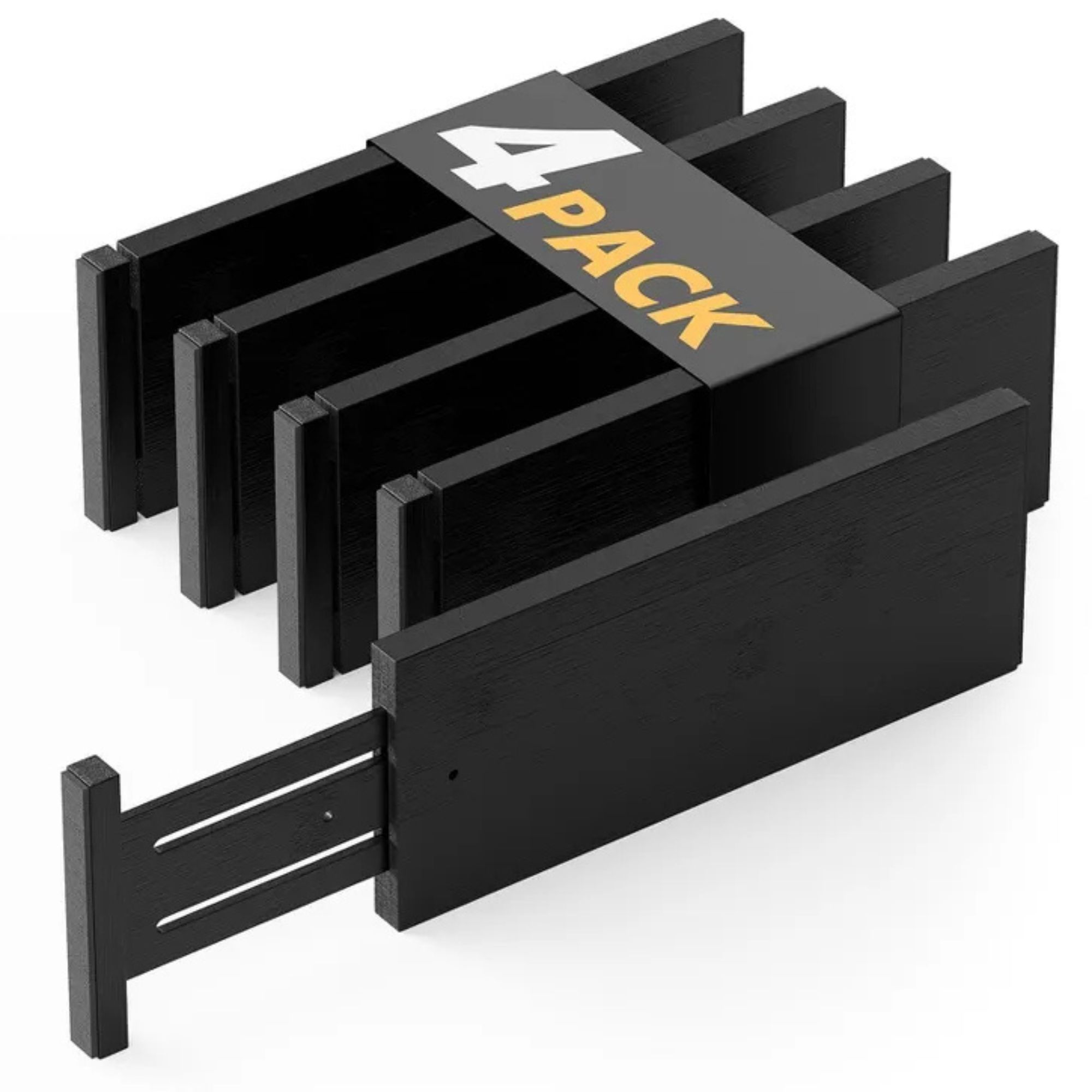 Four pack black drawer dividers, with one extended out to show customization capacity