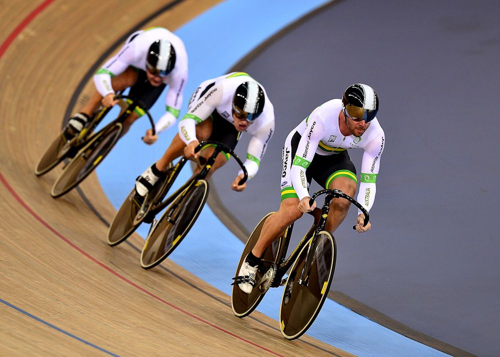 The Australian team compete in the Men's Team Sprint qualification round during the UCI Track Cycling World Championships