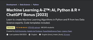 A screenshot of the Udemy website advertising the 'Machine Learning A-Z™: AI, Python & R + ChatGPT Bonus [2023]' course