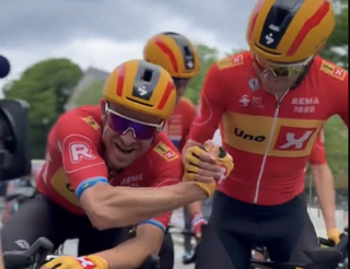 Alexander Kristoff wins stage 4 of 2024 Tour of Norway and is congratulated by Uno-X Mobility teammates