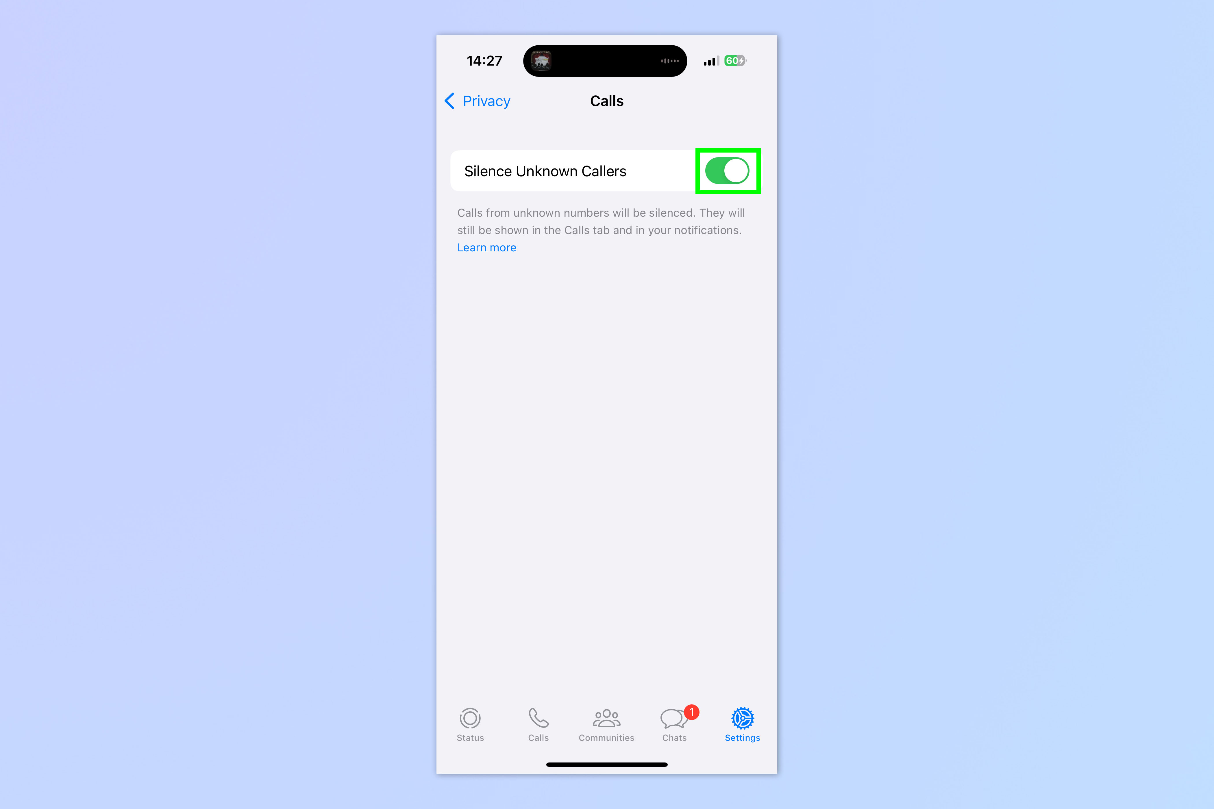 A screenshot showing how to silence unknown callers on WhatsApp