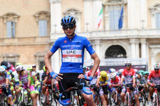 CATTOLICA ITALY MAY 12 Joseph Lloyd Dombrowski of United States and UAE Team Emirates blue mountain jersey at start during the 104th Giro dItalia 2021 Stage 5 a 177km stage from Modena to Cattolica girodiitalia Giro on May 12 2021 in Cattolica Italy Photo by Tim de WaeleGetty Images
