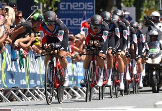 BMC Racing push for the line in the TTT at the Tour de France on stage 3