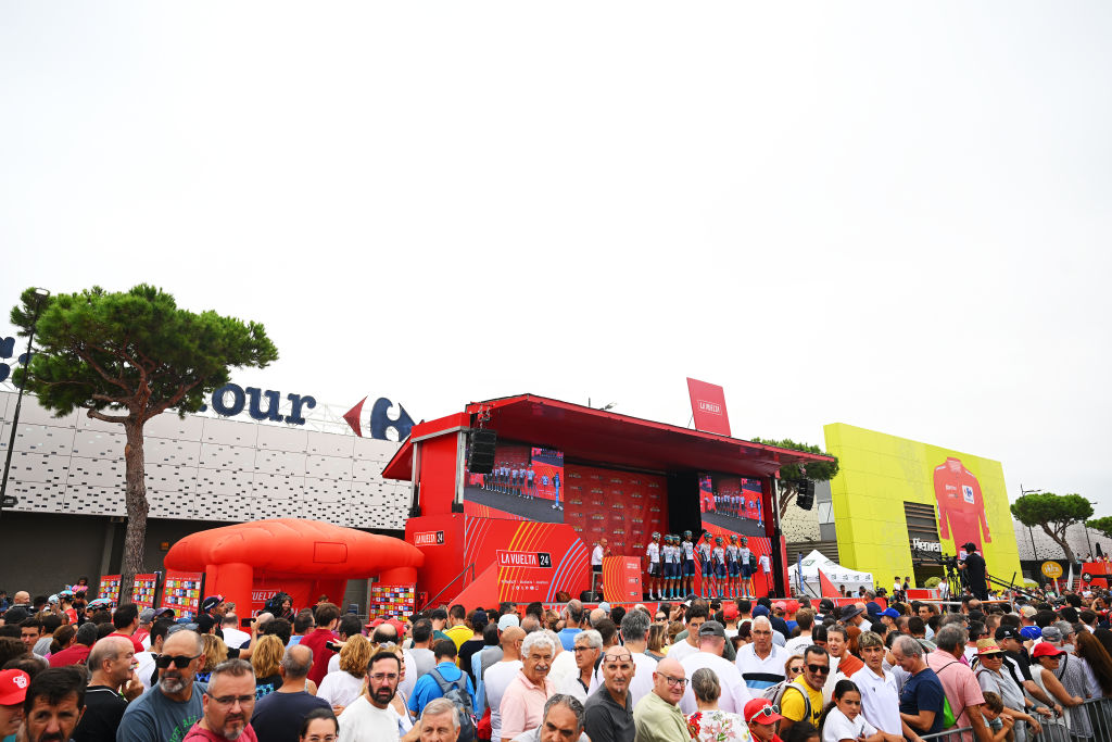 JEREZ DE LA FRONTERA SPAIN  AUGUST 22 Antonio Tiberi of Italy White Best Young Rider Jersey Damiano Caruso of Italy Kamil Gradek of Poland Jack Haig of Australia Rainer Kepplinger of Austria Fran Miholjevic of Croatia Jasha Sutterlin of Germany Torstein Traeen of Norway and Team Bahrain Victorious prior to the La Vuelta  79th Tour of Spain 2024 Stage 6 a 1855km stage from Jerez de la Frontera to Yunquera  UCIWT  on August 22 2024 in Jerez de la Frontera Spain Photo by Dario BelingheriGetty Images