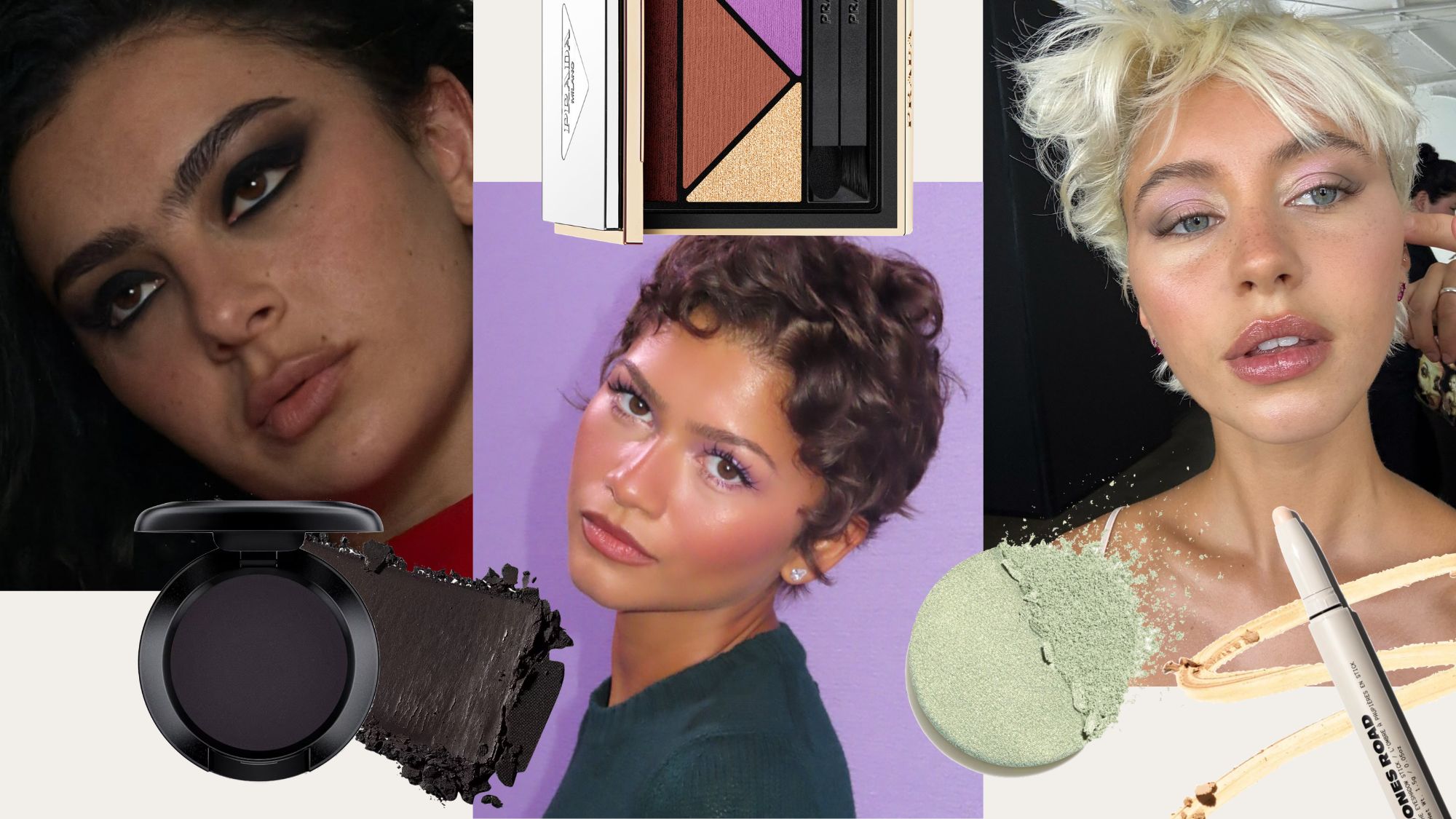 Images of Zendaya, Charli XCX, and Iris Law wearing fall eyeshadow trends with various products strewn about.