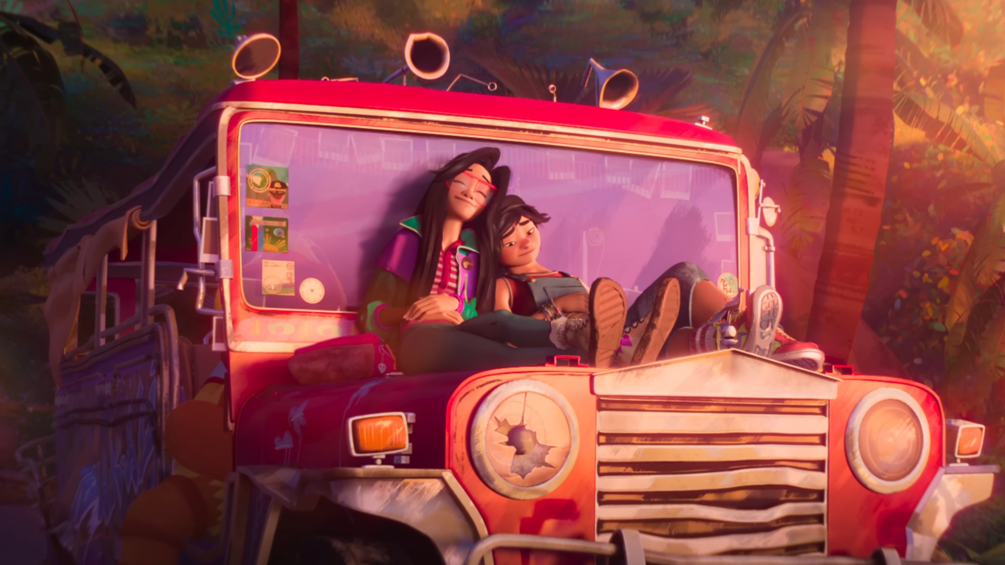 Raissa and Jo on a car in Forgotten Island.