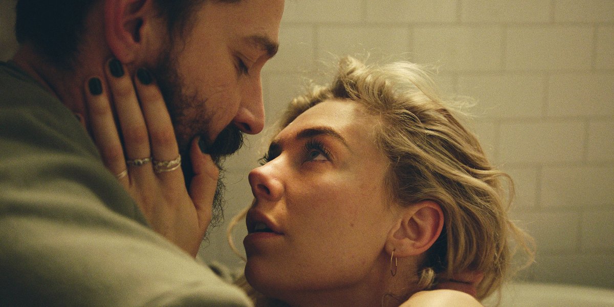 Pieces of a Woman Vanessa Kirby looking up at Shia LaBeouf from the tub