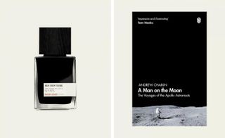 MiN New York perfume next to the book by Andrew Chaikin, A man on the moon