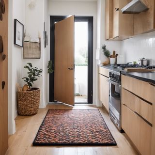 Dark rug in front of door in kitchen