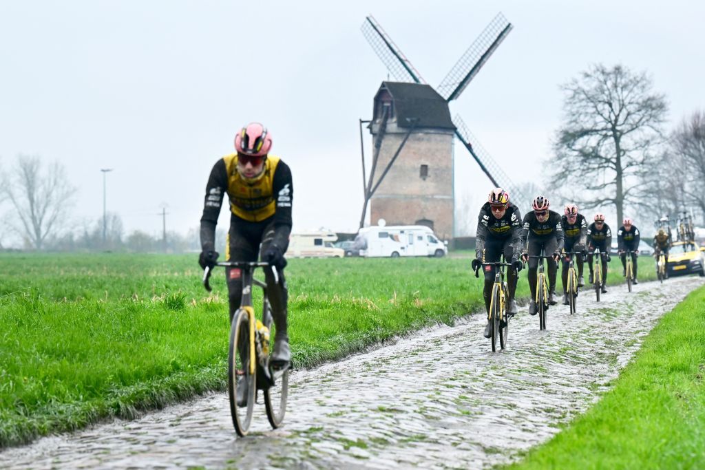 JumboVisma riders and Belgian Wout van Aert 2L pictured during the reconnaissance of the track ahead of this years ParisRoubaix cycling race Thursday 06 April 2023 around Roubaix France The ParisRoubaix cycling race will take place on Sunday 09 April BELGA PHOTO DIRK WAEM Photo by DIRK WAEM BELGA MAG Belga via AFP Photo by DIRK WAEMBELGA MAGAFP via Getty Images