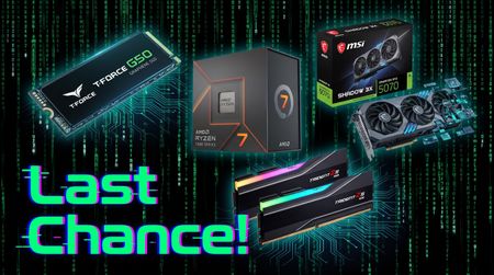 Collection of PC components on a Matrix background, with the text "Last Chance!" in the corner.