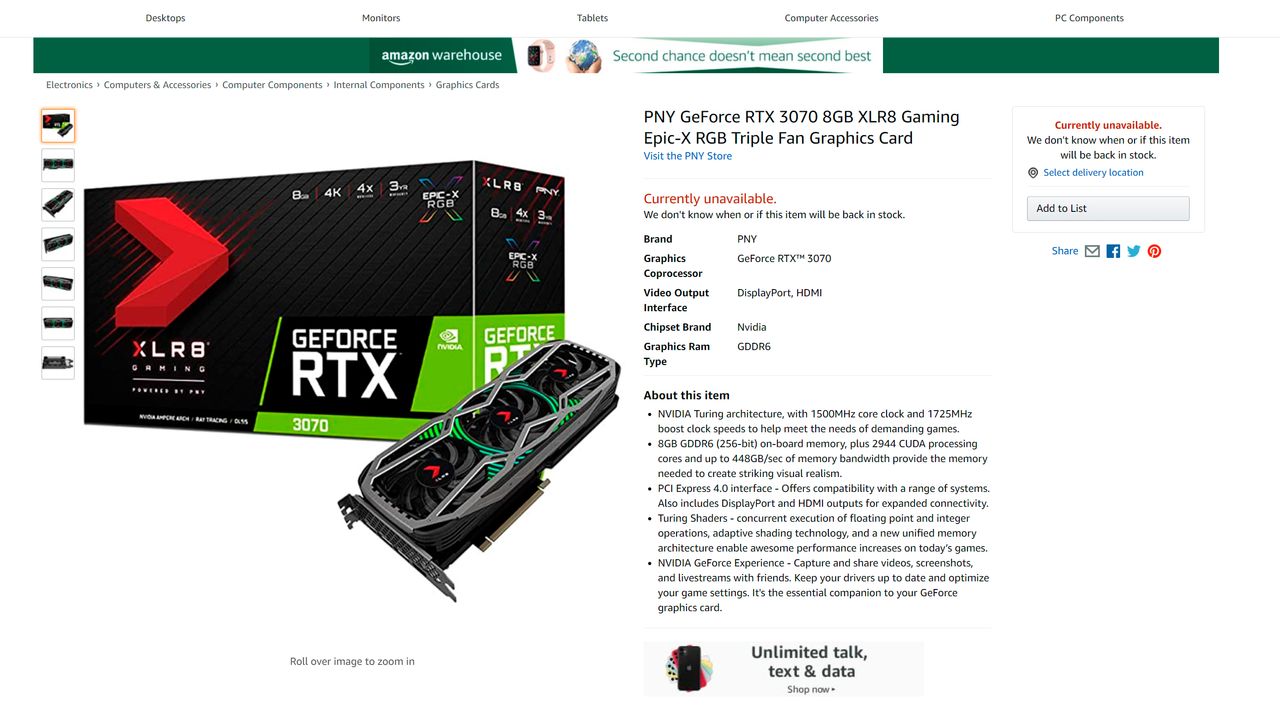 PNY GeForce RTX 3070 8GB XLR8 Gaming Epic-X RGB Triple Fan Edition