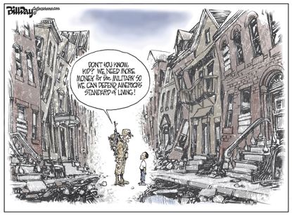 Political Cartoon U.S. Military spending America Trump poverty