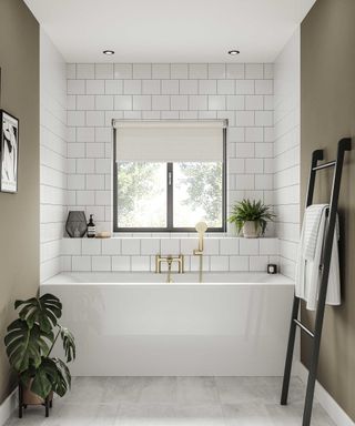 White bath in brown with soft brown walls