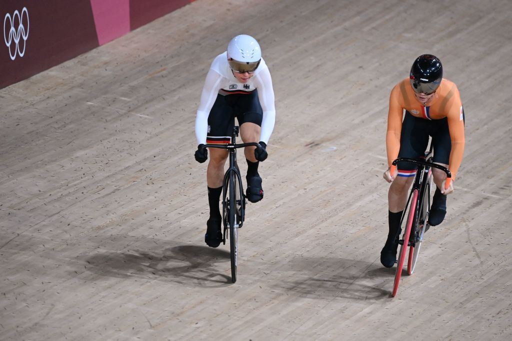 Germanys Emma Hinze L and Netherlands Shanne Braspennincx compete in the womens track cycling sprint quarterfinals during the Tokyo 2020 Olympic Games at Izu Velodrome in Izu Japan on August 7 2021 Photo by Greg Baker AFP Photo by GREG BAKERAFP via Getty Images