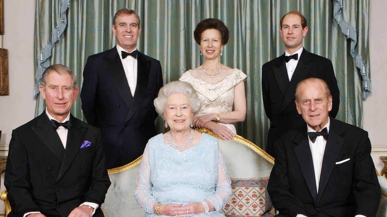 Queen Elizabeth&#039;s children - Prince Charles, Prince Andrew, Prince Edward and Princess Anne with the Queen and Prince Philip