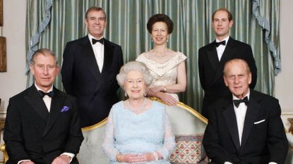 Queen Elizabeth's children - Prince Charles, Prince Andrew, Prince Edward and Princess Anne with the Queen and Prince Philip