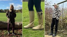 3 images of Caroline Parr and Kerrie Hughes testing the best wellies for women