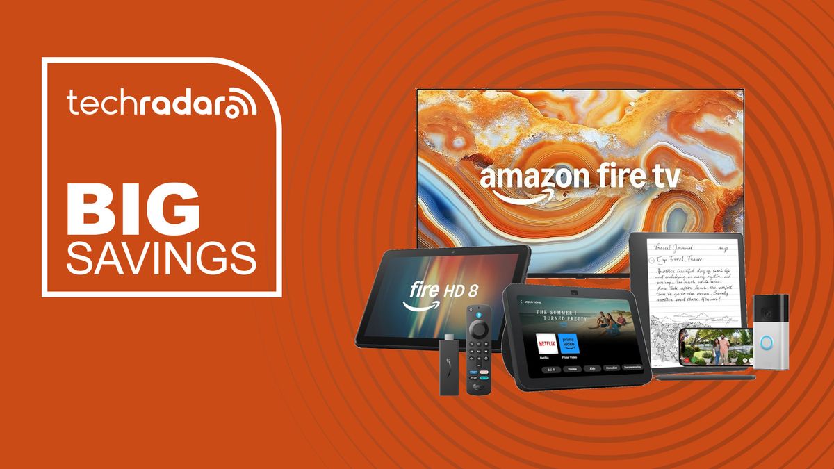 Collage of Amazon Devices on an orange background, including Fire TV, Fire TV Stick, Fire Tab, Echo Show, Ring Doorbell and Kindle Scribe