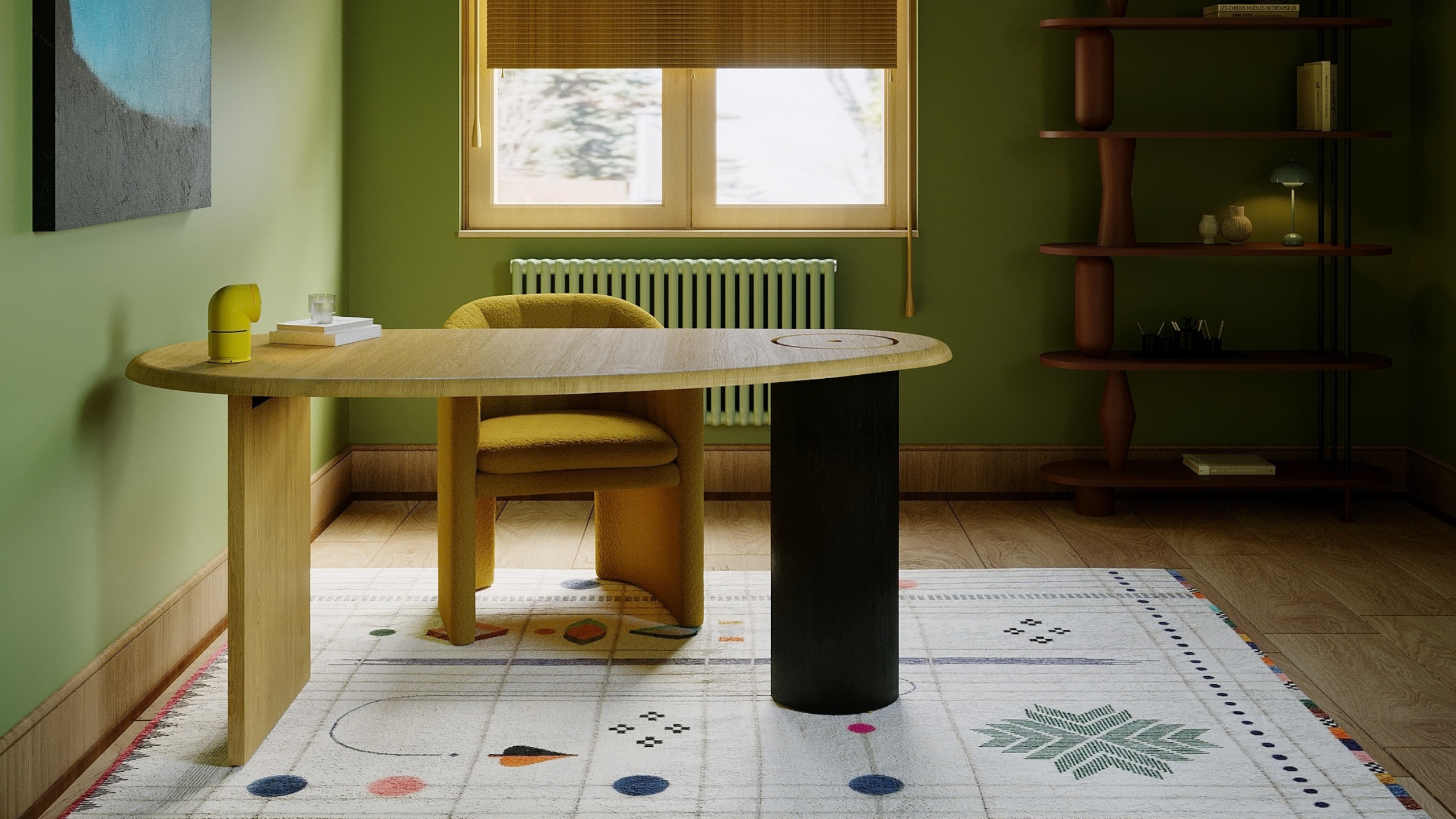 A green home office with a yellow window, a patterned rug, a bean desk, a yellow chair, and a wood open shelf