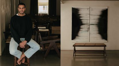 Le Corbusier and Jeanneret Left: A portrait of Rajan Bijlani. Right: Harminder Judge, A ghost dance (a composition 2), Plaster, polymer, pigment, scrim, oil203 x 198 x 4 cm, 2024Pierre Jeanneret, Cane Bench 1956MLA Flats, ChandigarhTeak