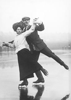 Captain and a worried looking Mrs Hopkins skating on a lake in the Welsh Harp area in north London, 1910. (Photo by Hulton Archive/Getty Images)