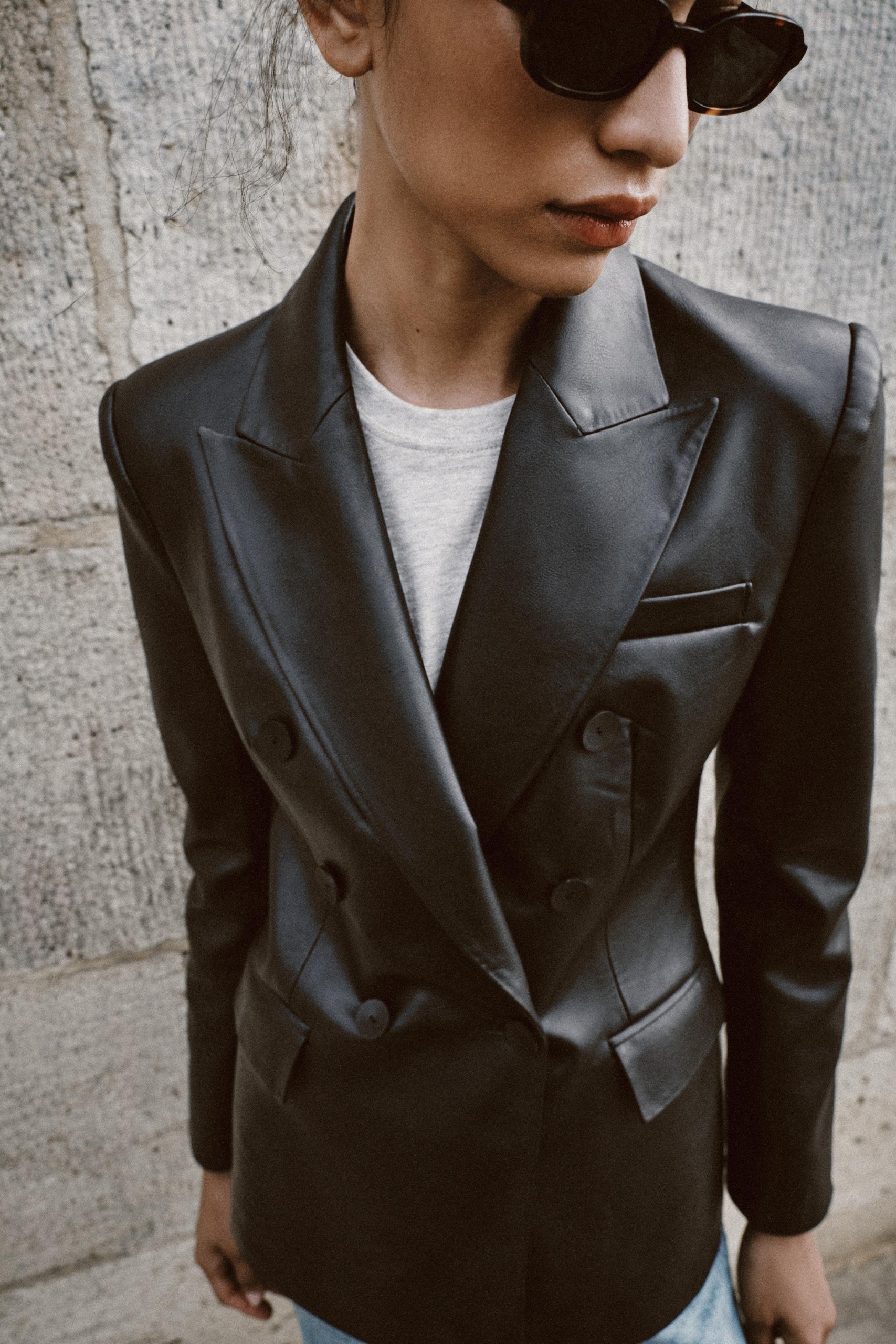 Faux Leather Double-Breasted Blazer - Black - Xs